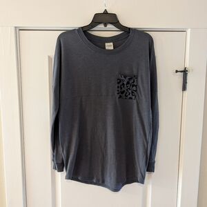 PINK Women's Gray Long Sleeve Tee with Leopard/Animal Print Pocket, Size XS